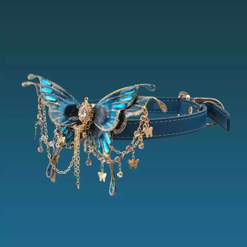 Gothic Blue Butterfly Crystal Tassel Choker Angle View