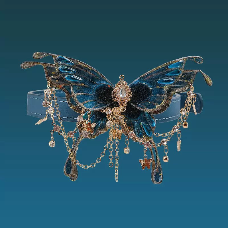 Gothic Blue Butterfly Crystal Tassel Choker Front View