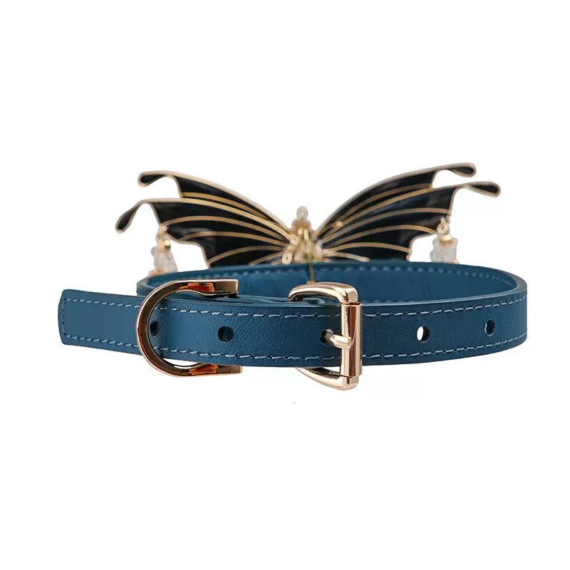 Gothic Blue Butterfly Crystal Tassel Choker Buckle Detail