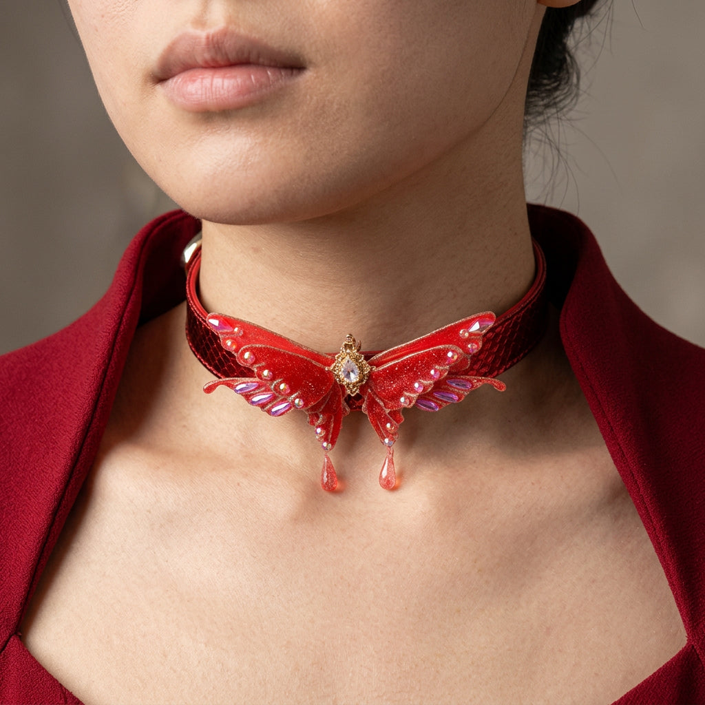 Scarlet Crimson Red Butterfly Choker Collar