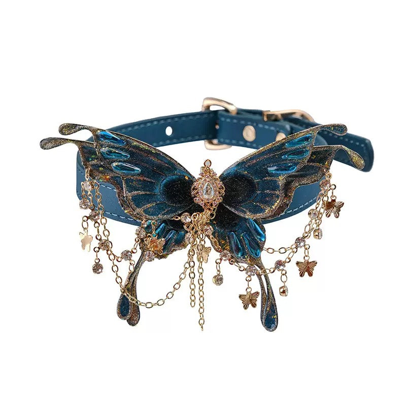 Gothic Blue Butterfly Crystal Tassel Choker Top View