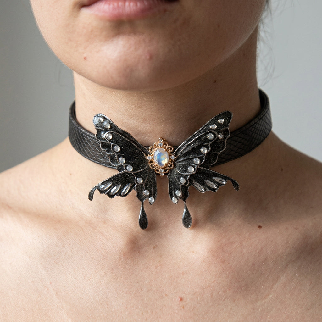 Gothic Midnight Black Butterfly Choker Collar
