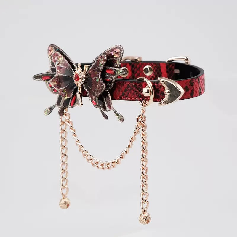 Gothic Crimson Butterfly Tassel Choker Collar