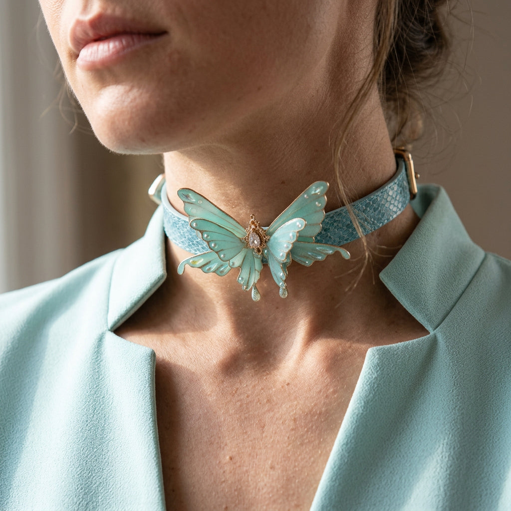 Mint Aqua Butterfly Choker Collar