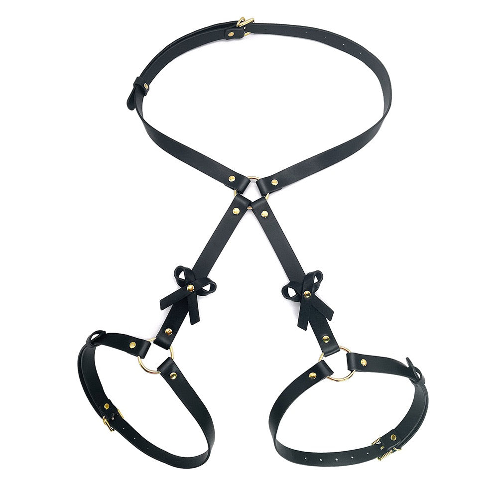 Gothic Bow Leather Thigh Garter Harness & Cuffs Set