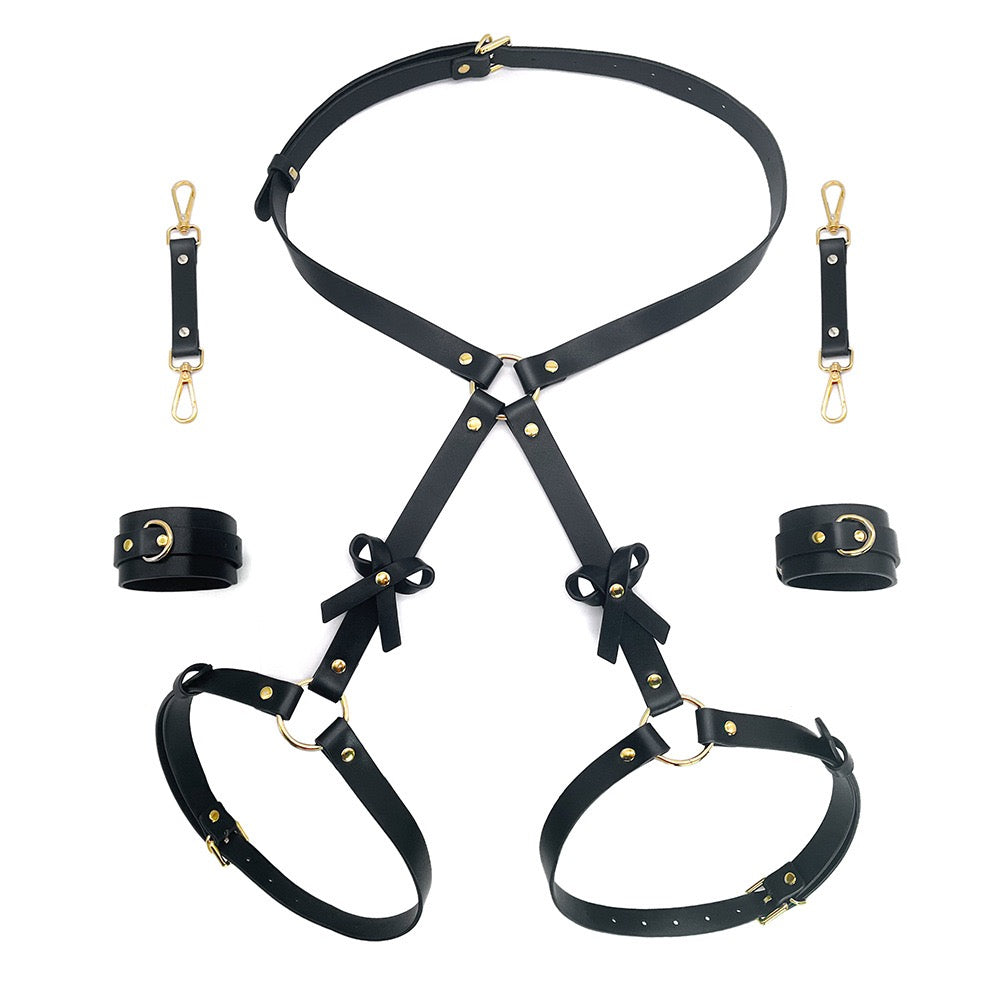 Gothic Bow Leather Thigh Garter Harness & Cuffs Set