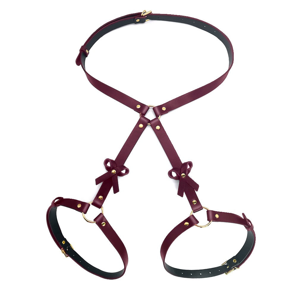 Gothic Bow Leather Thigh Garter Harness & Cuffs Set