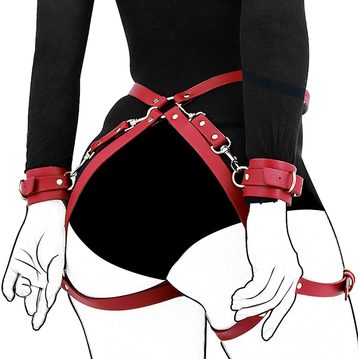 Gothic Bow Leather Thigh Garter Harness & Cuffs Set