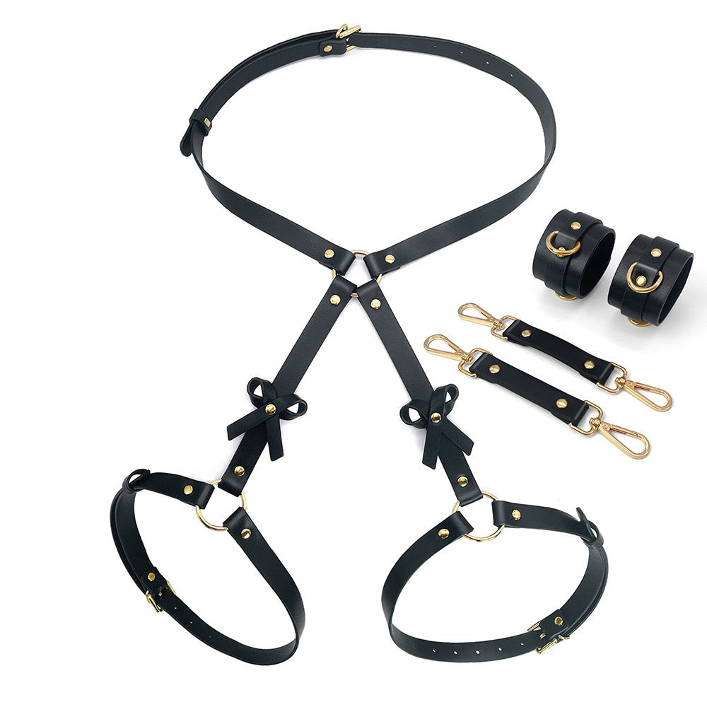 Gothic Bow Leather Thigh Garter Harness & Cuffs Set