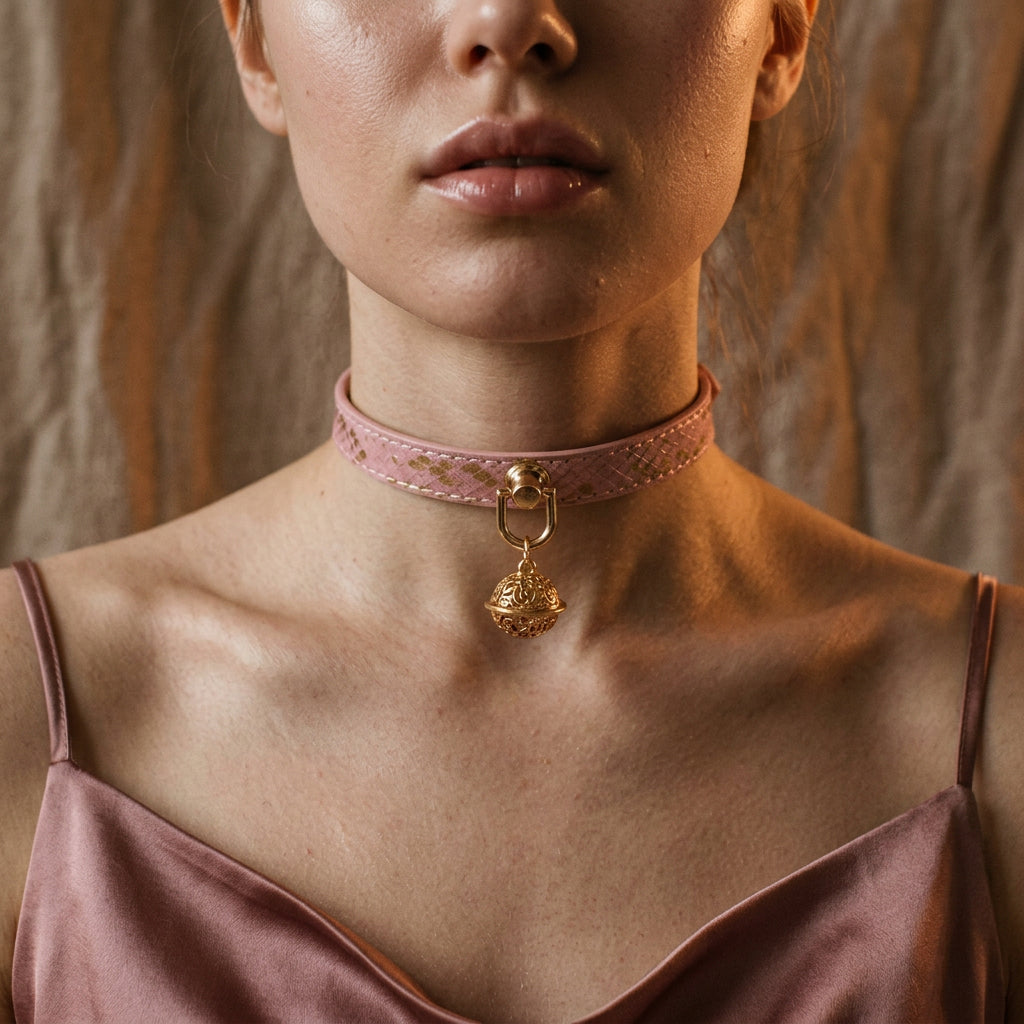 Opulent Snakeskin Leather Choker with Filigree Bell & Leash Set