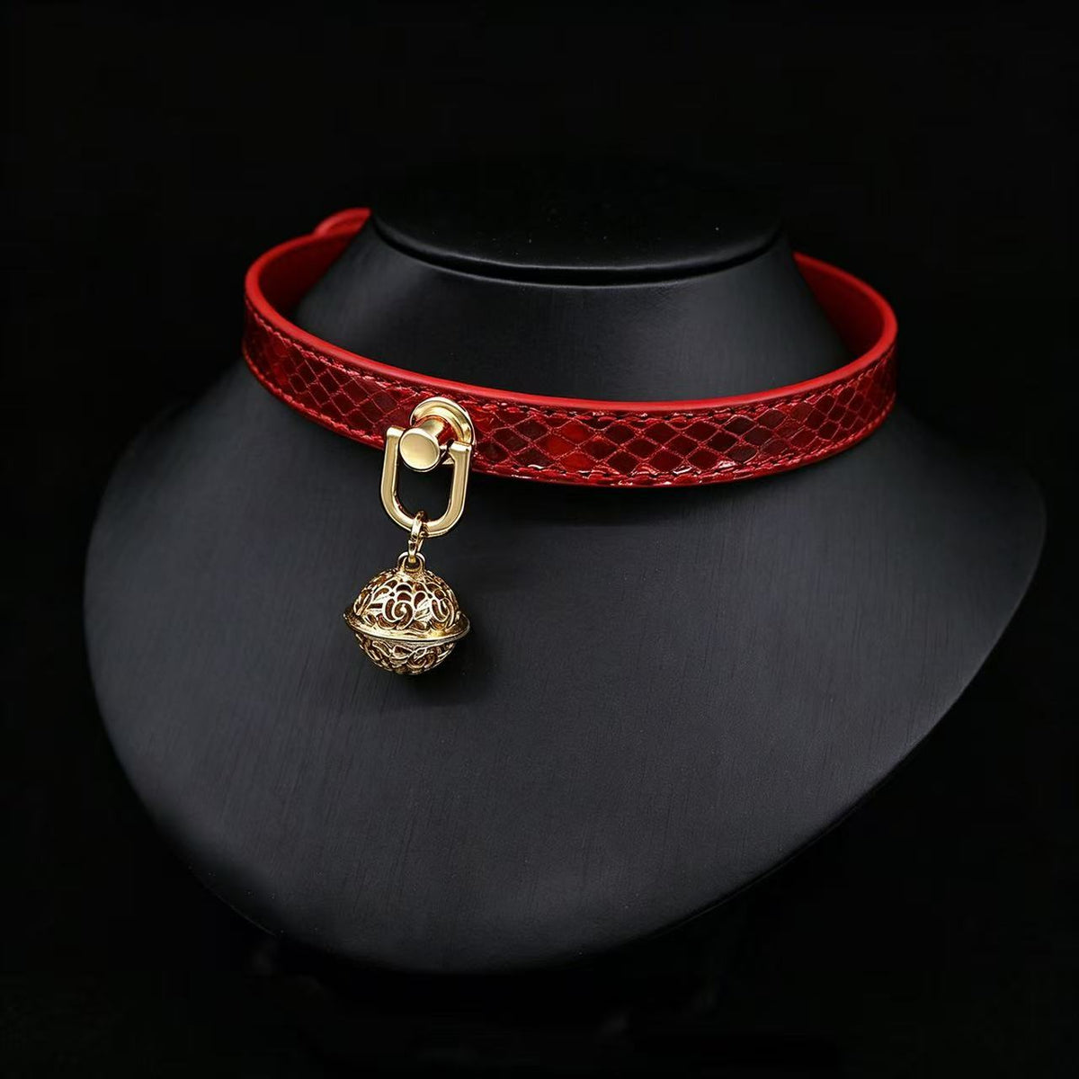 Opulent Snakeskin Leather Choker with Filigree Bell & Leash Set