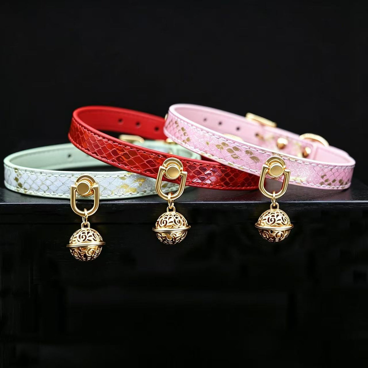 Opulent Snakeskin Leather Choker with Filigree Bell & Leash Set